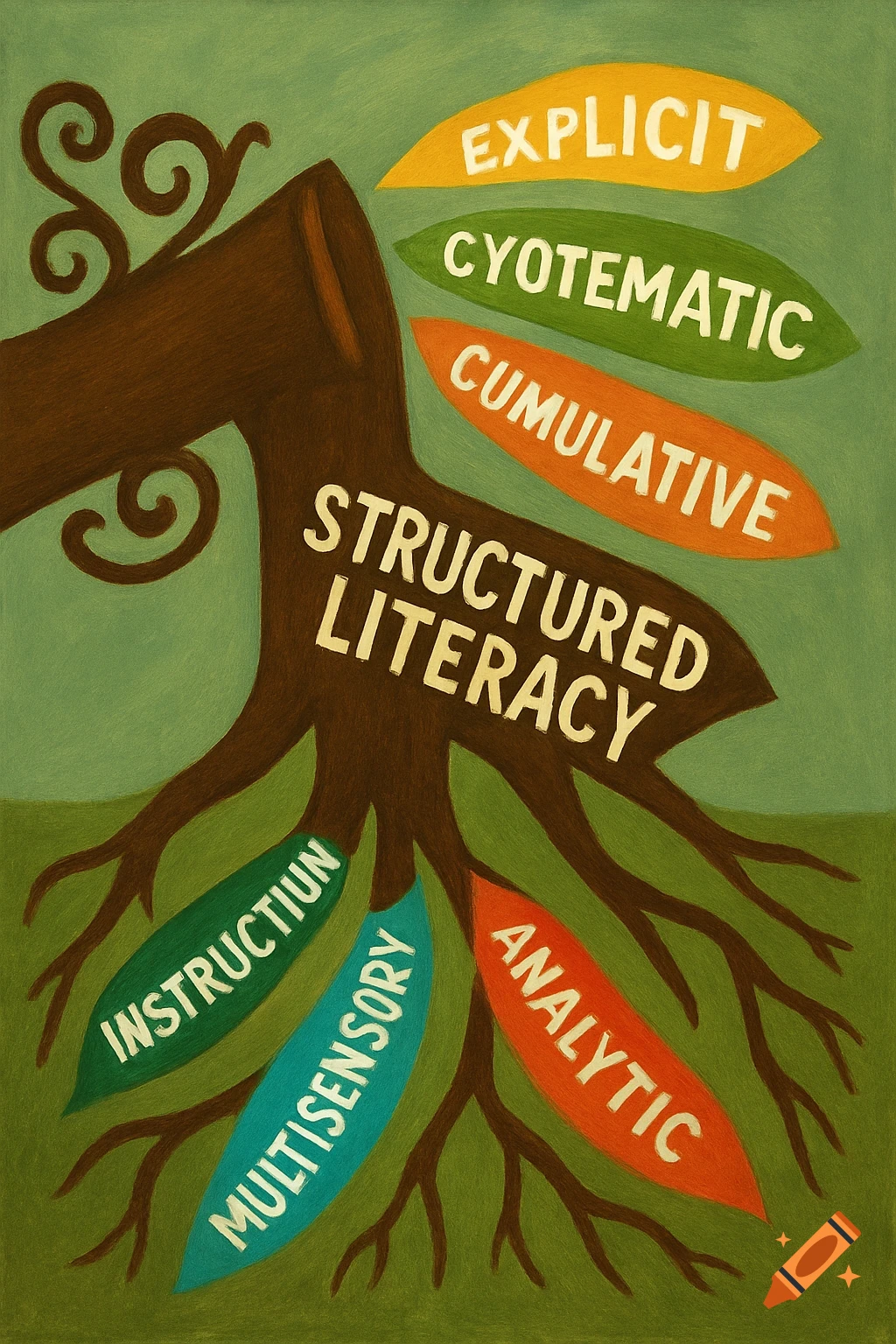 Literacy Roots An illustration depicts a brown tree trunk with roots, labeled ...