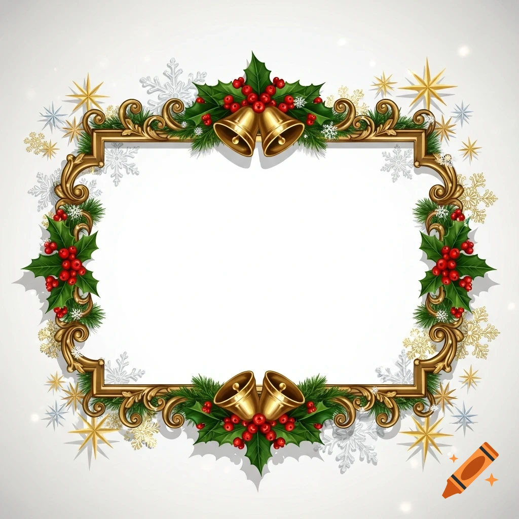 An ornate golden Christmas frame with green holly, red berries, and golden bells on a white background with snowflakes and stars.