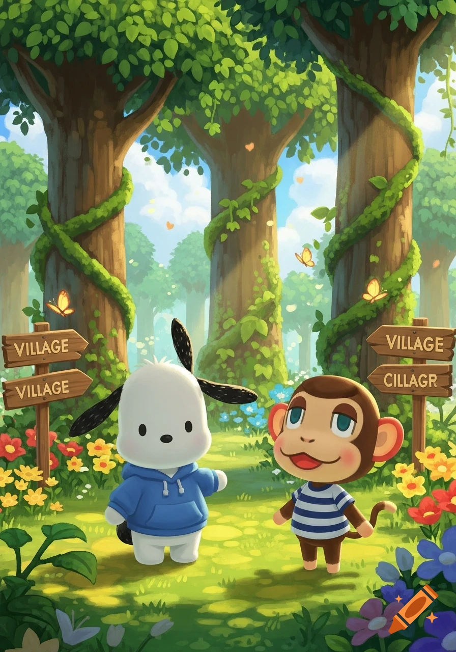 A cartoon dog resembling Pochacco and an Animal Crossing style monkey stand in a vibrant forest with village signs.