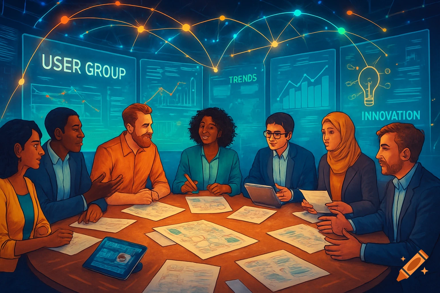 Diverse group of professionals at a meeting table, with digital screens displaying 'USER GROUP,' 'TRENDS,' and 'INNOVATION.'