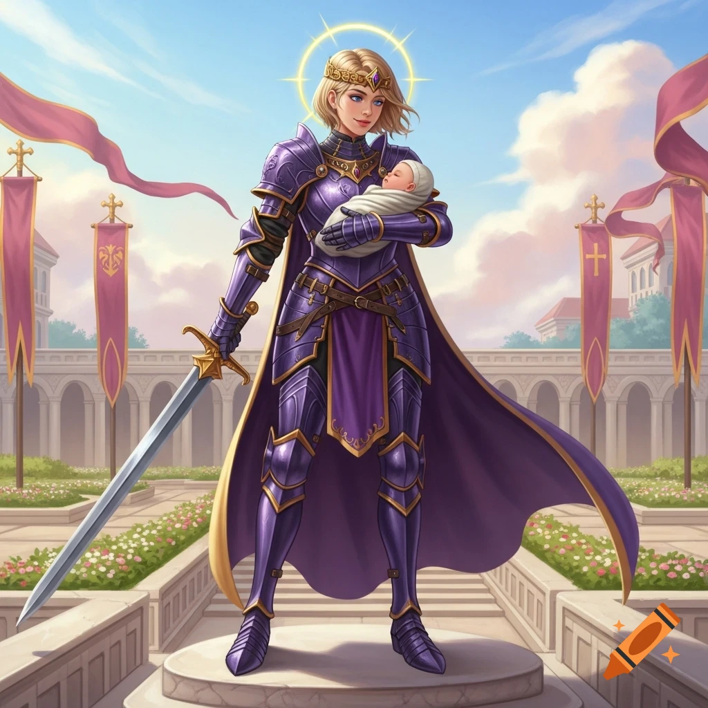 A blond female warrior in purple armor with a halo stands in a garden, holding a baby and a sword.