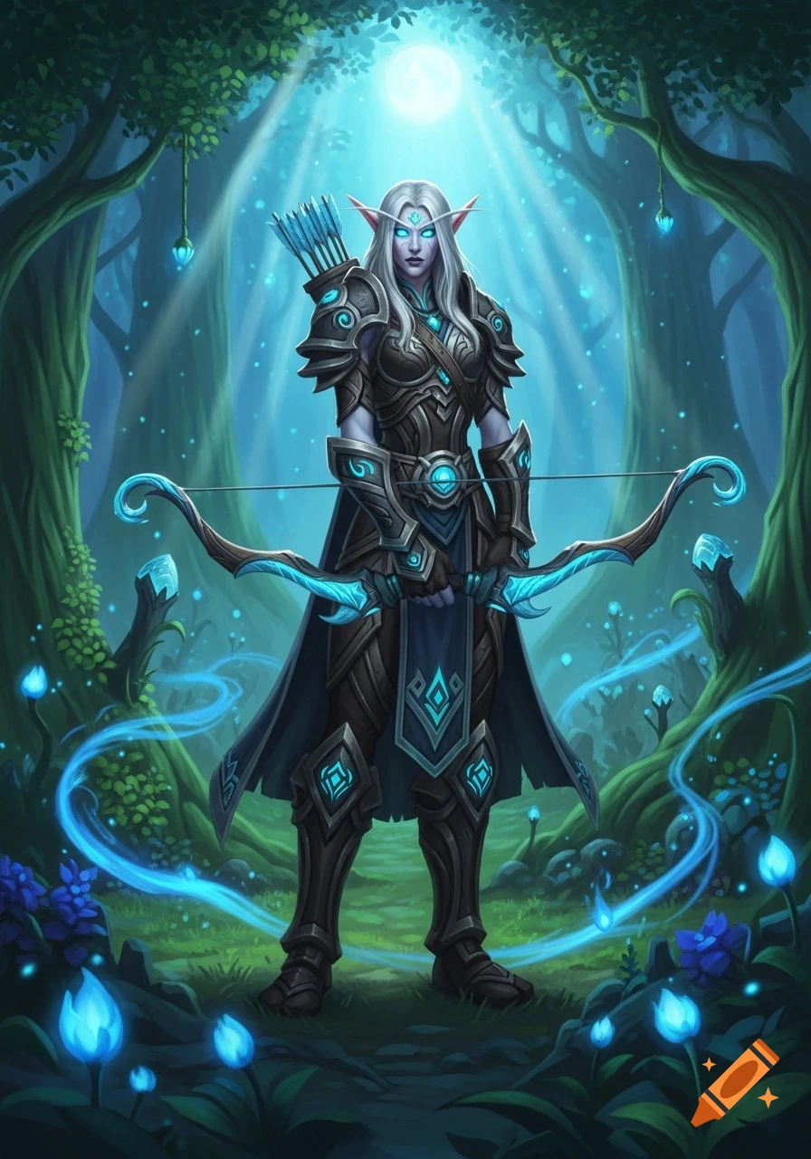 A female night elf archer in ornate armor stands in a mystical forest under a full moon, holding a glowing blue bow.