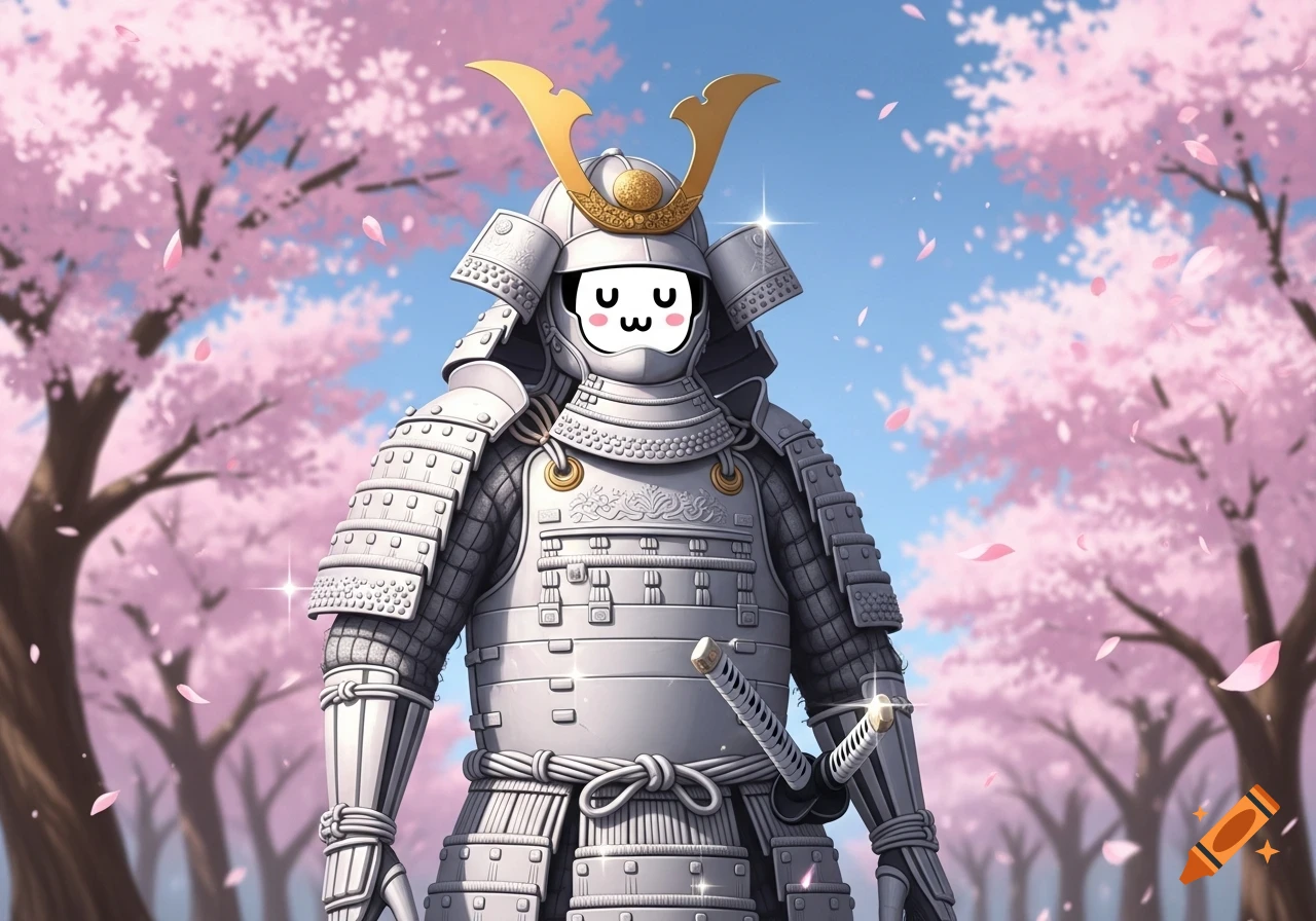 A character in white samurai armor with a cute 'uwu' emoticon face stands among pink cherry blossom trees, with petals falling.