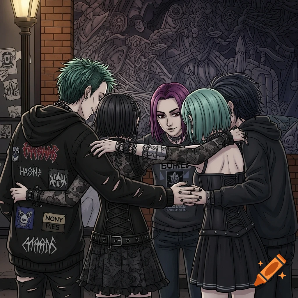 Five goth-style characters with colorful hair embrace on a street in front of a brick wall with graffiti.