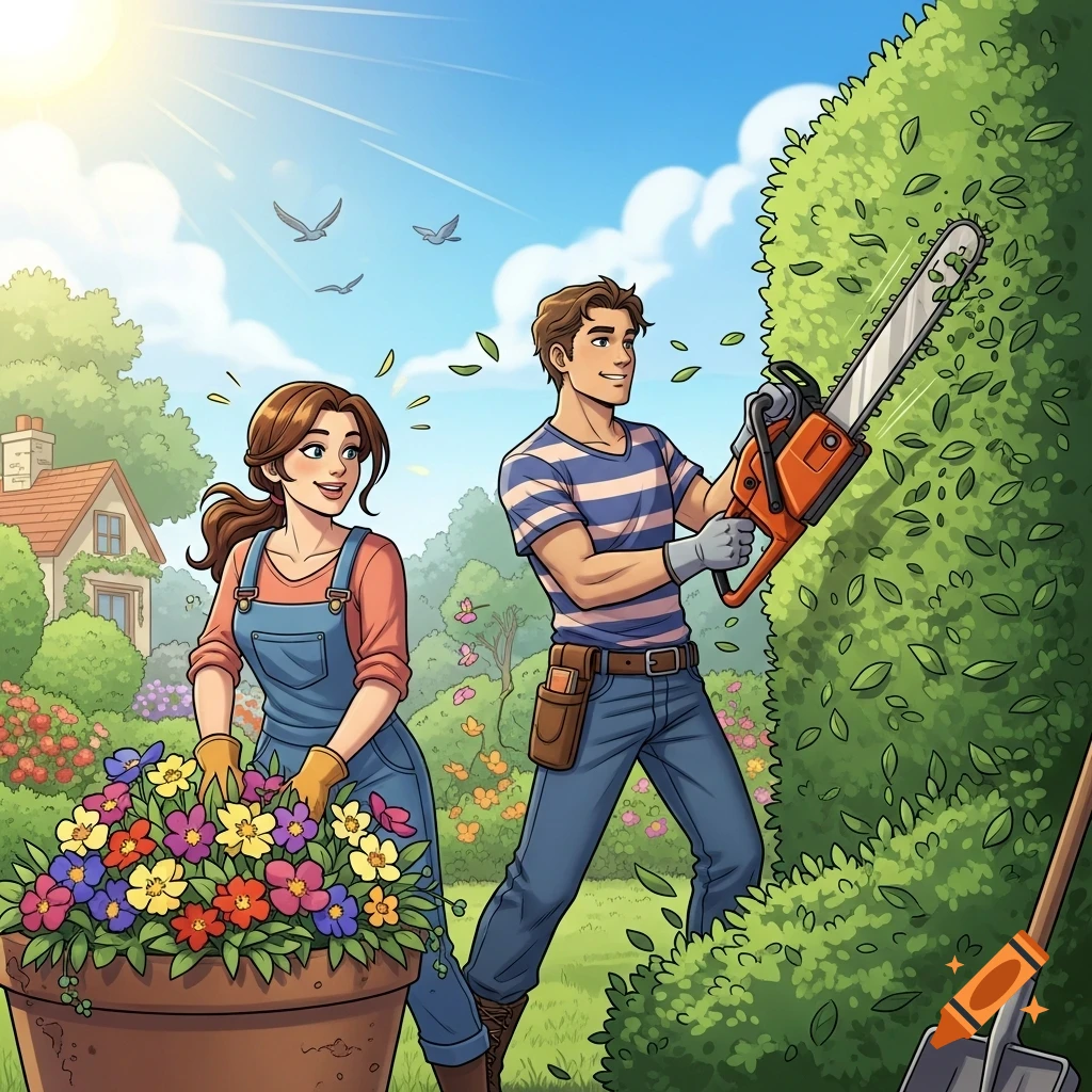 A smiling man trims a hedge with a chainsaw while a woman plants colorful flowers in a pot, in a bright cartoon garden.