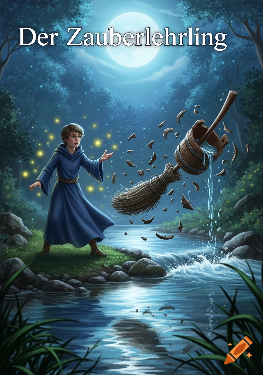 A young sorcerer's apprentice watches in dismay as a magical broom and broken bucket spill water into a moonlit river, surrounded by glowing sparks.