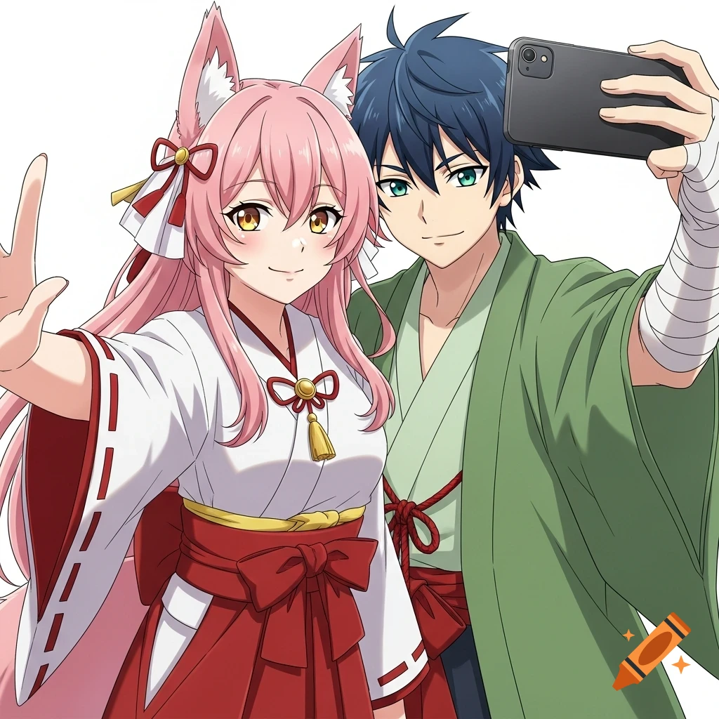 An anime illustration of a pink-haired fox-eared female in a shrine maiden outfit and a blue-haired male in a green kimono taking a smiling selfie.