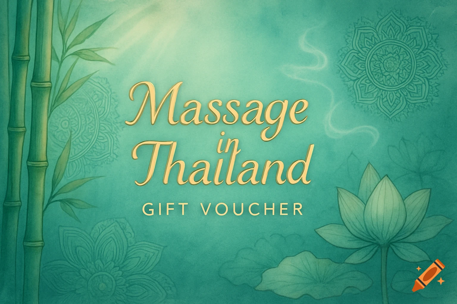 A green gift voucher for 'Massage in Thailand' featuring bamboo, lotus flowers, and subtle mandala patterns.