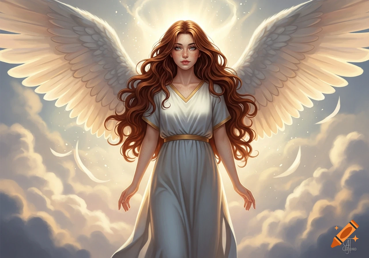 An angelic woman with long auburn hair and freckles, wearing a white flowing gown and large white wings, stands amidst glowing clouds.