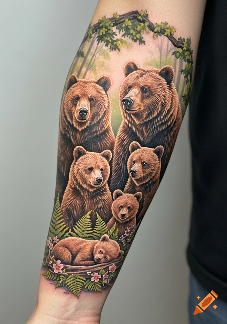Realistic tattoo on a forearm depicting a family of five brown bears, with a sleeping cub in a nest of flowers and ferns.