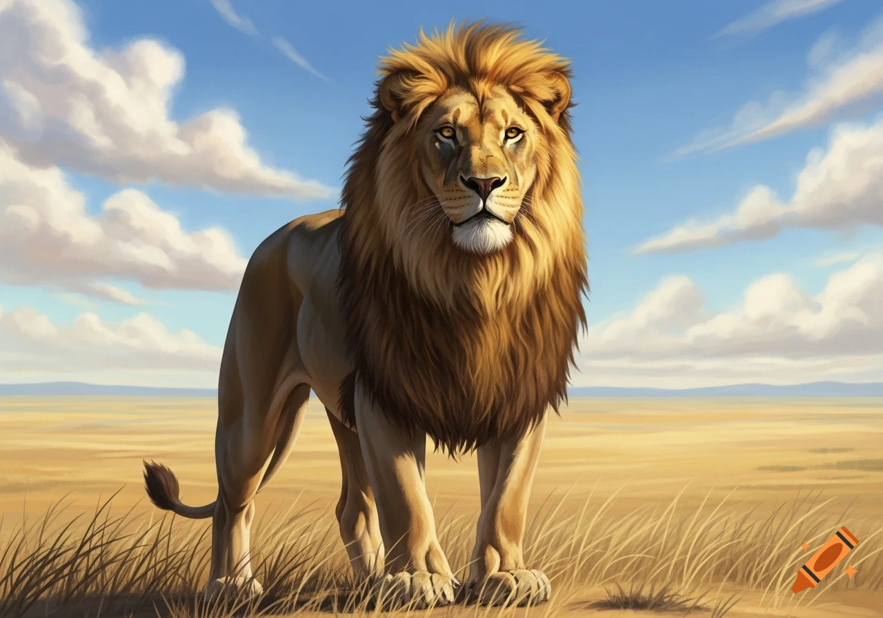 A majestic lion stands in a golden savanna under a blue sky with white clouds.