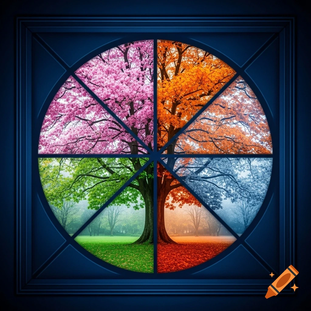 A dark blue-framed circular window displays a tree transitioning through four seasons: spring, summer, autumn, and winter.