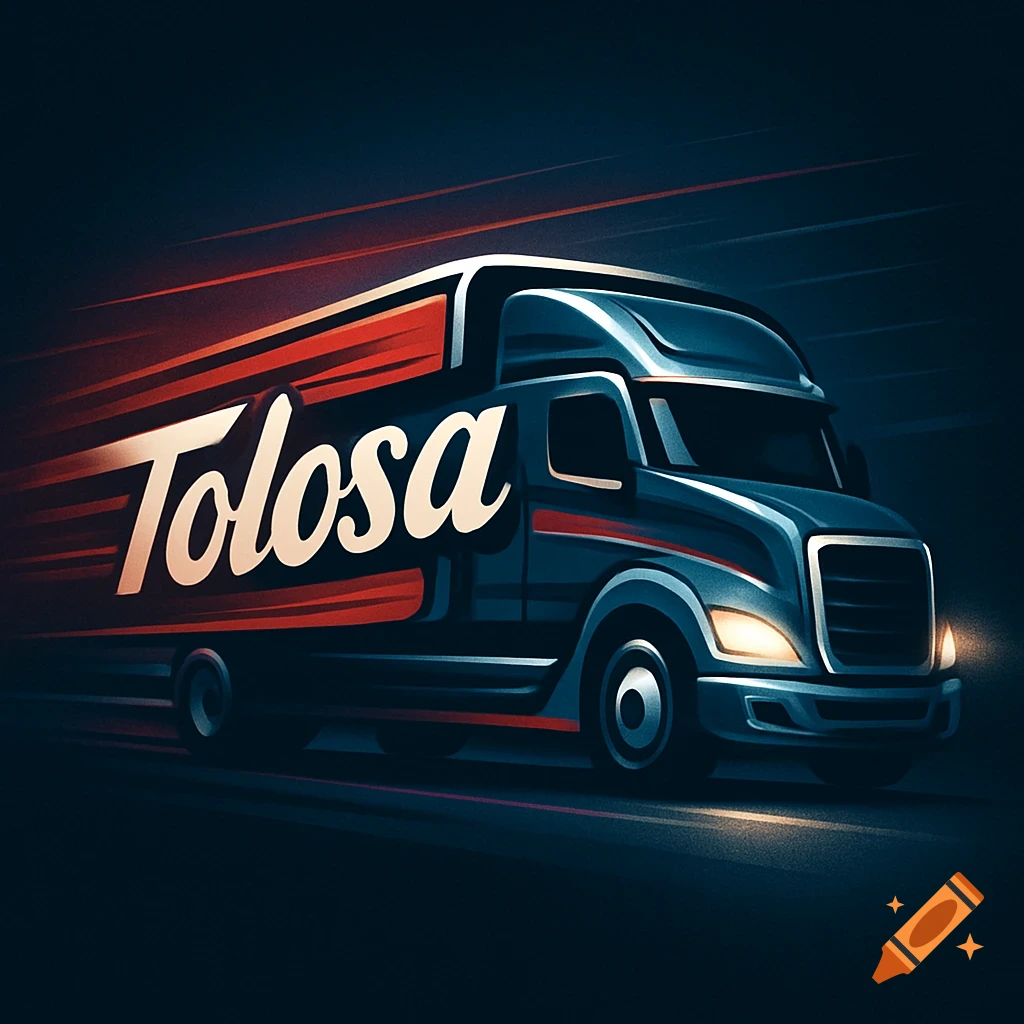 Stylized illustration of a fast-moving dark blue semi-truck with 'Tolosa' logo in red and cream on its side.