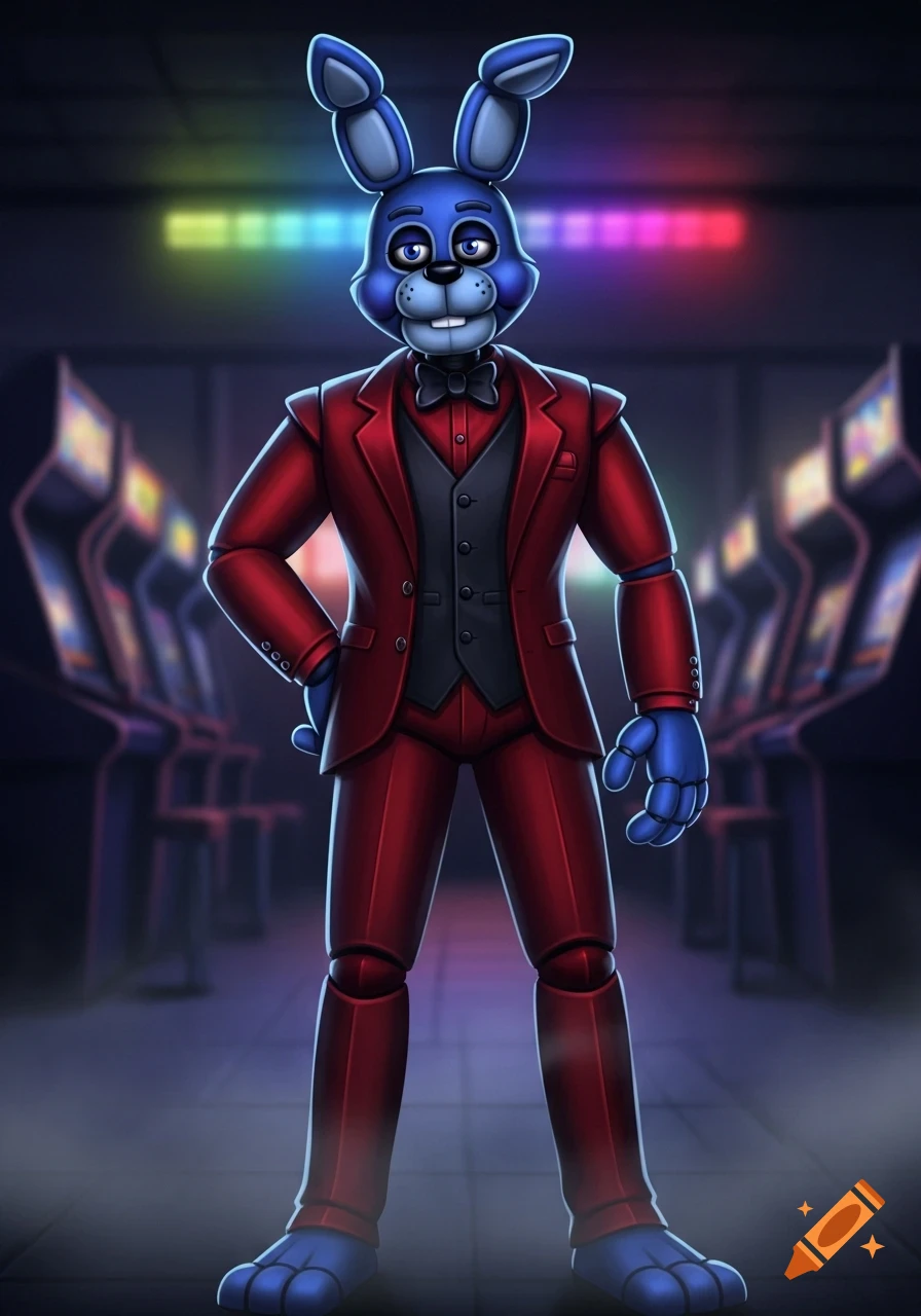Blue animatronic rabbit (Bonnie) in a red suit and black vest stands in a dimly lit arcade with glowing neon lights.