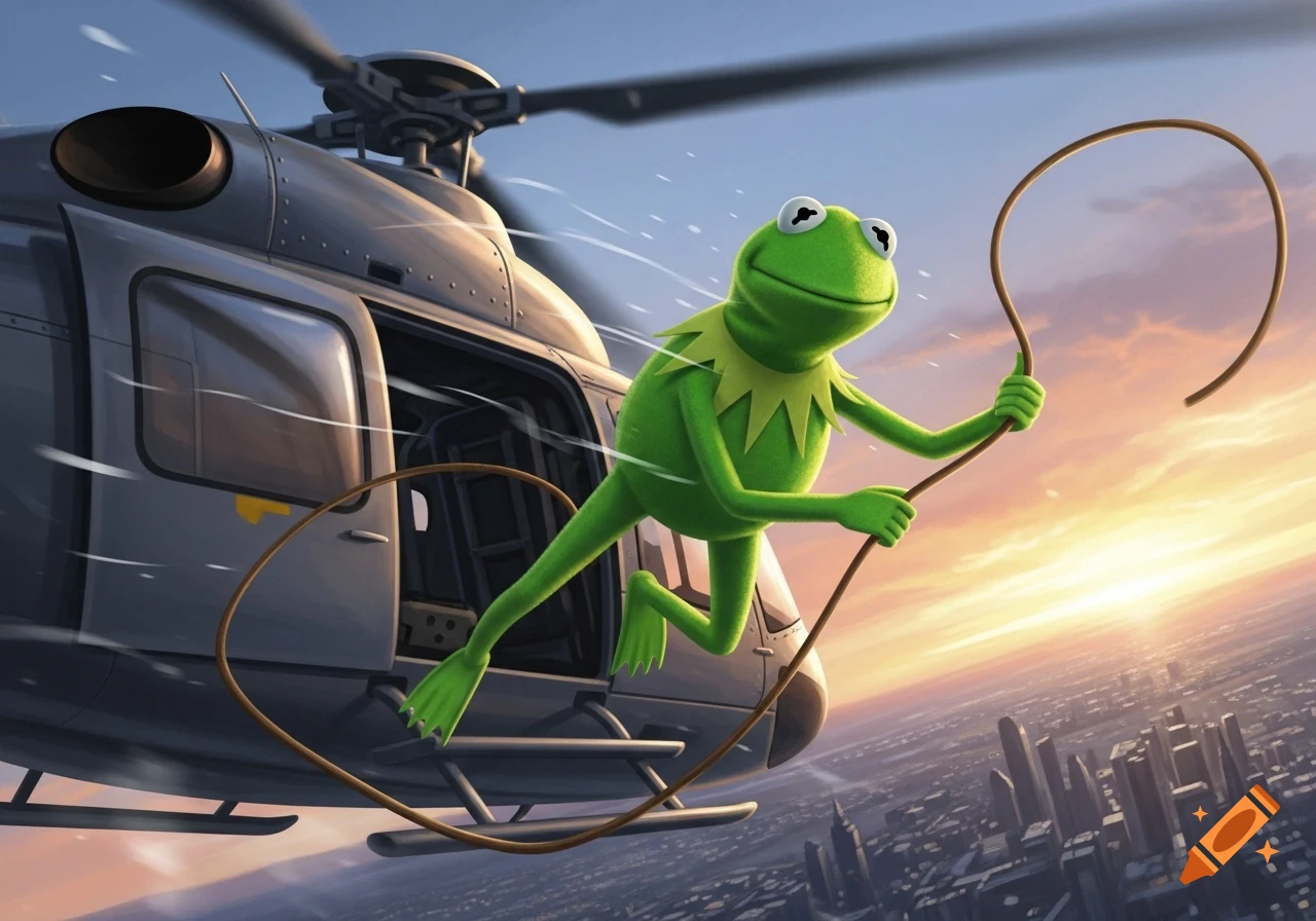 Kermit the Frog hangs from a helicopter over a city at sunset, holding a rope like a lasso.