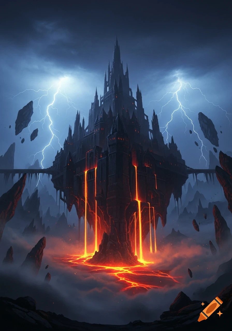 A dark, gothic castle floats in a stormy sky with lightning, lava flowing from its base into a glowing pool below, surrounded by misty terrain and floating rock islands.