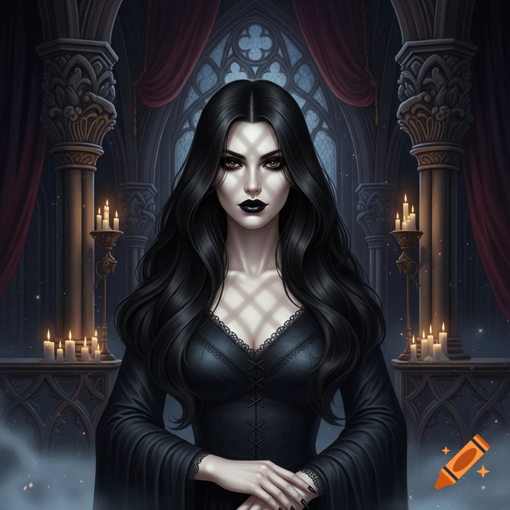 A stylized portrait of a Gothic woman with long black hair, dark makeup ...