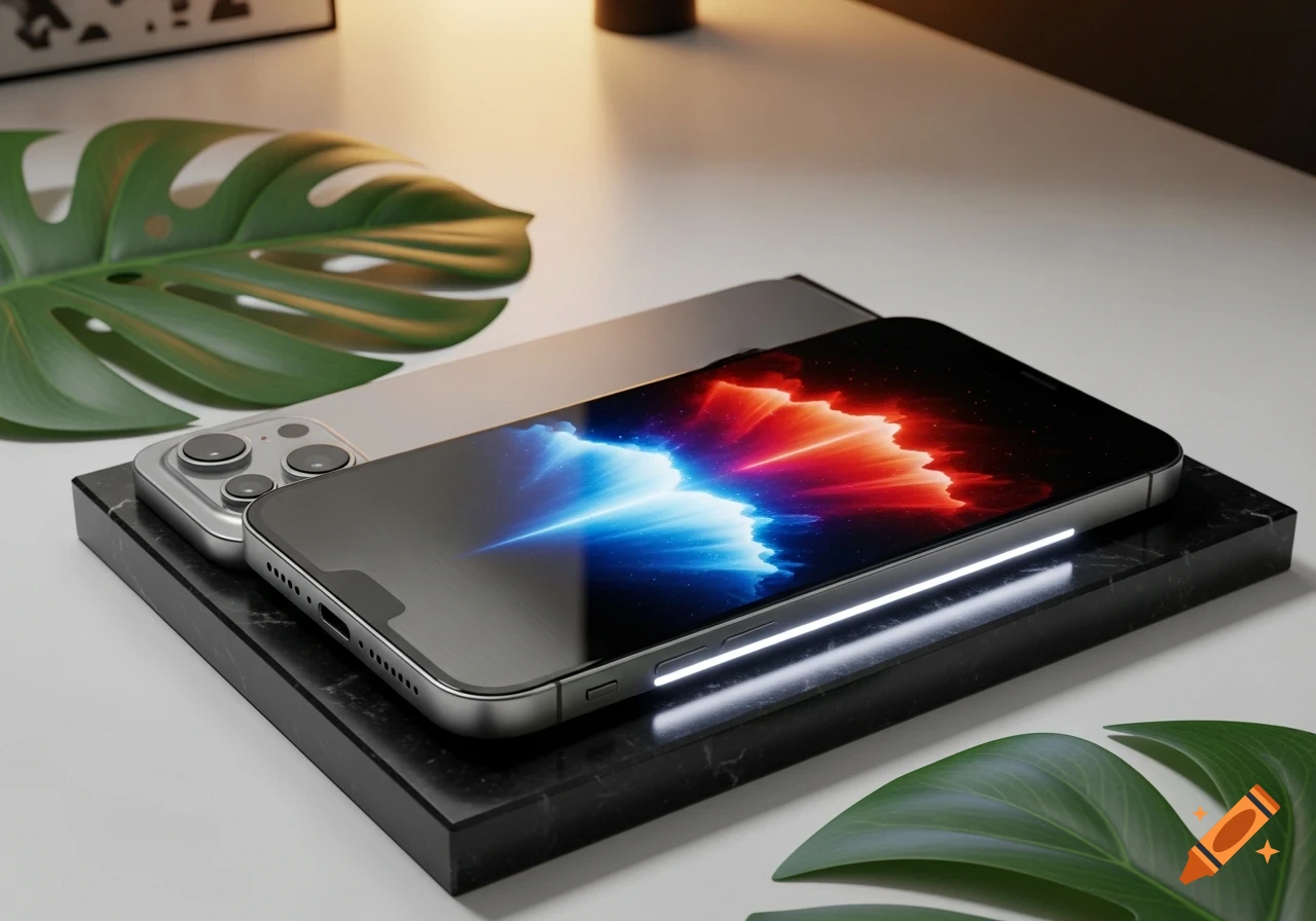 A modern smartphone with a red and blue abstract screen rests on a black marble slab next to a green leaf, photorealistic.