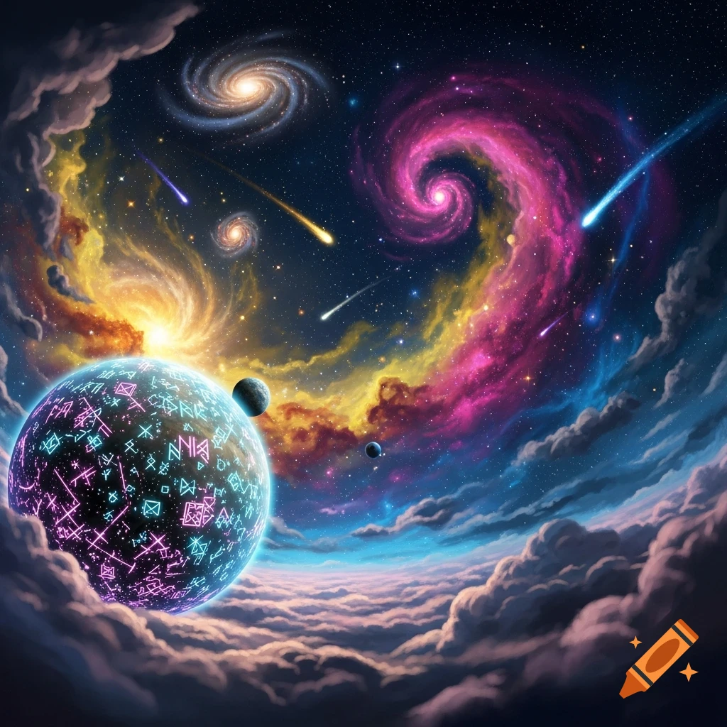 Vibrant cosmic scene with a planet covered in glowing symbols, shooting stars, spiral galaxies, and colorful nebulae, framed by clouds.