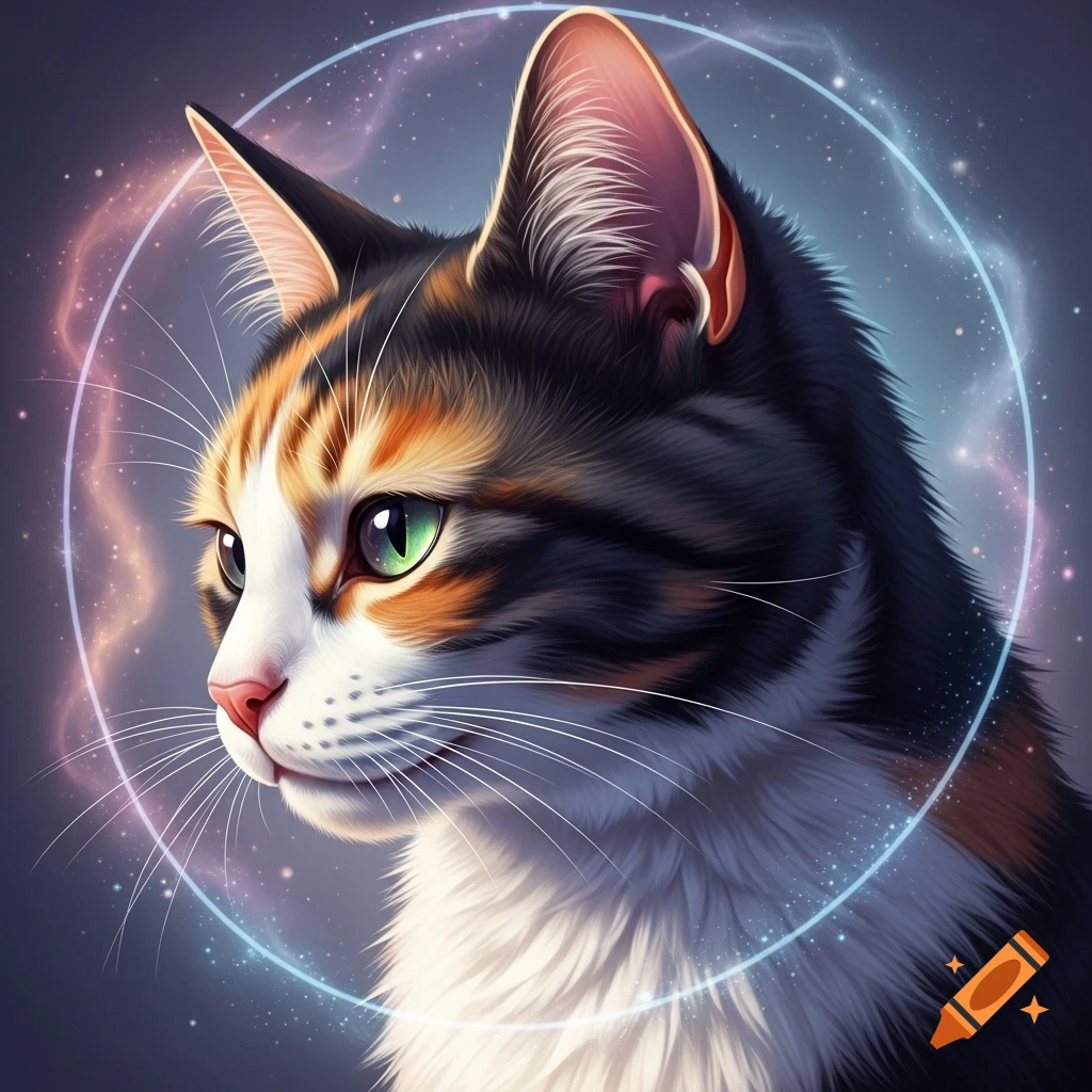 Close-up of a calico cat with bright green eyes, surrounded by a glowing blue and purple ethereal ring against a starry background. Digital art.