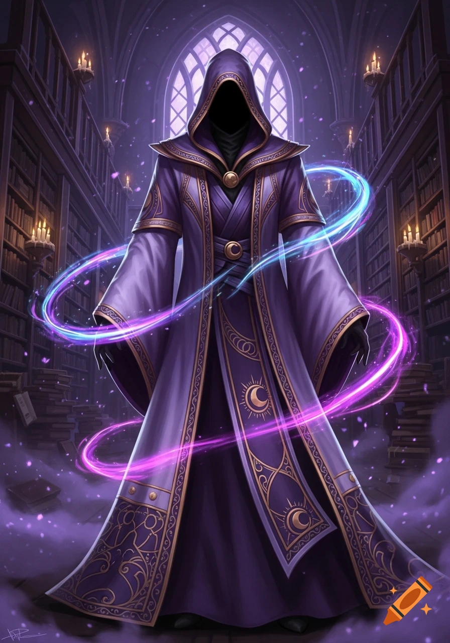 A hooded wizard in ornate purple robes stands in a mystical library, surrounded by glowing blue and pink magic.