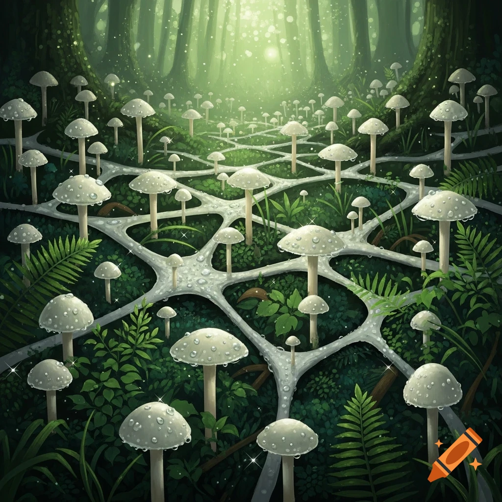 A mystical forest floor featuring numerous white mushrooms connected by a glowing, web-like network under a bright green canopy.