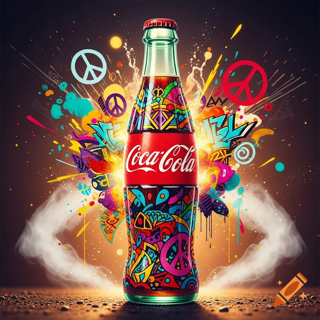 A brightly colored Coca-Cola bottle with abstract, psychedelic patterns and peace signs, surrounded by a splash of vibrant graffiti-style art.