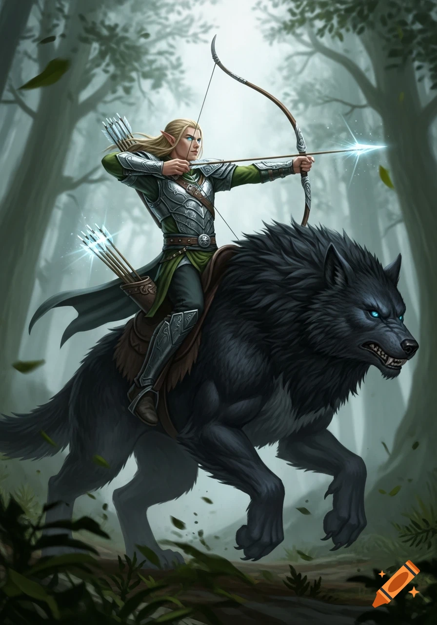 A male elf archer in silver and green armor rides a large, black, blue ...