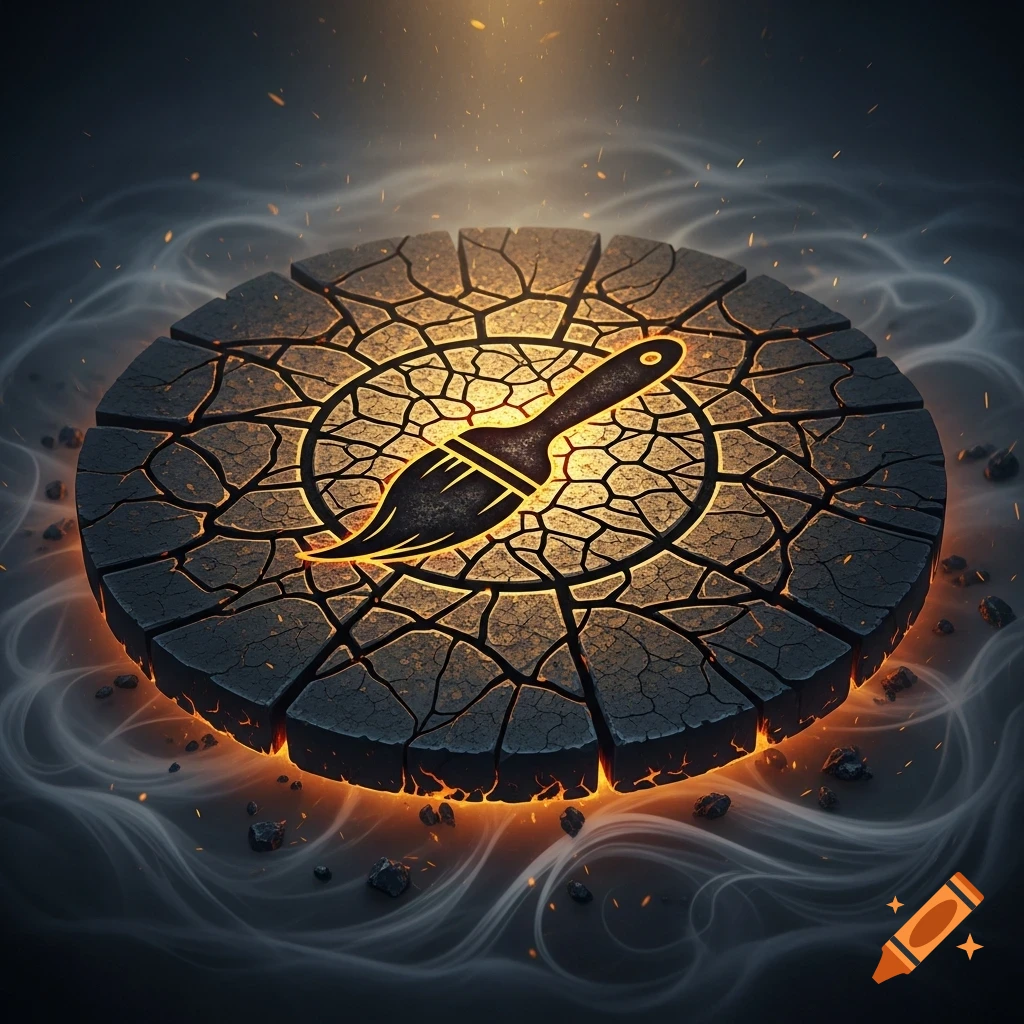 A glowing, cracked stone disk with a black brush symbol etched in its fiery center, surrounded by smoke.