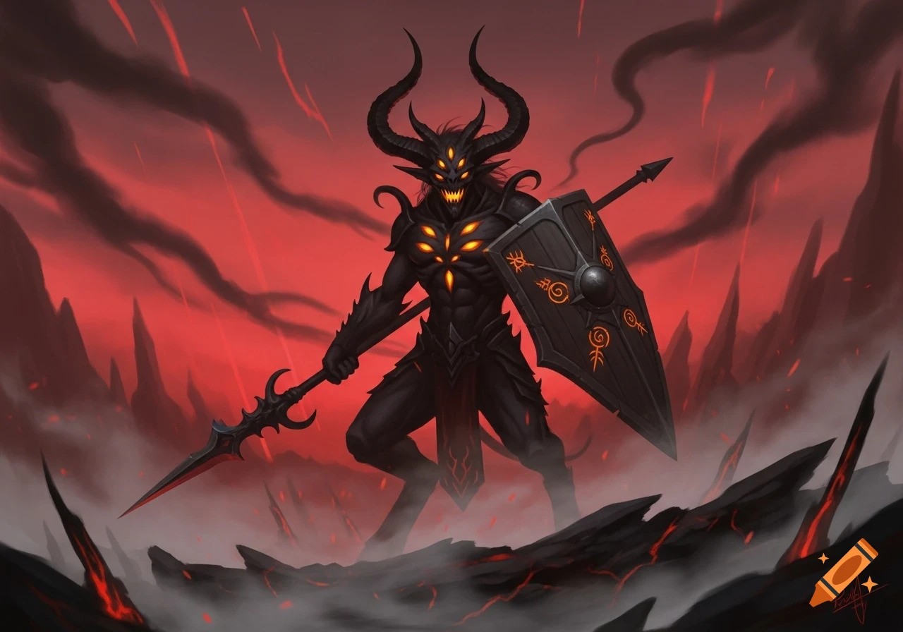 A dark fantasy demon with large horns and multiple glowing yellow eyes, holding a spear and a shield with glowing symbols, against a red, smoky, hellish landscape.