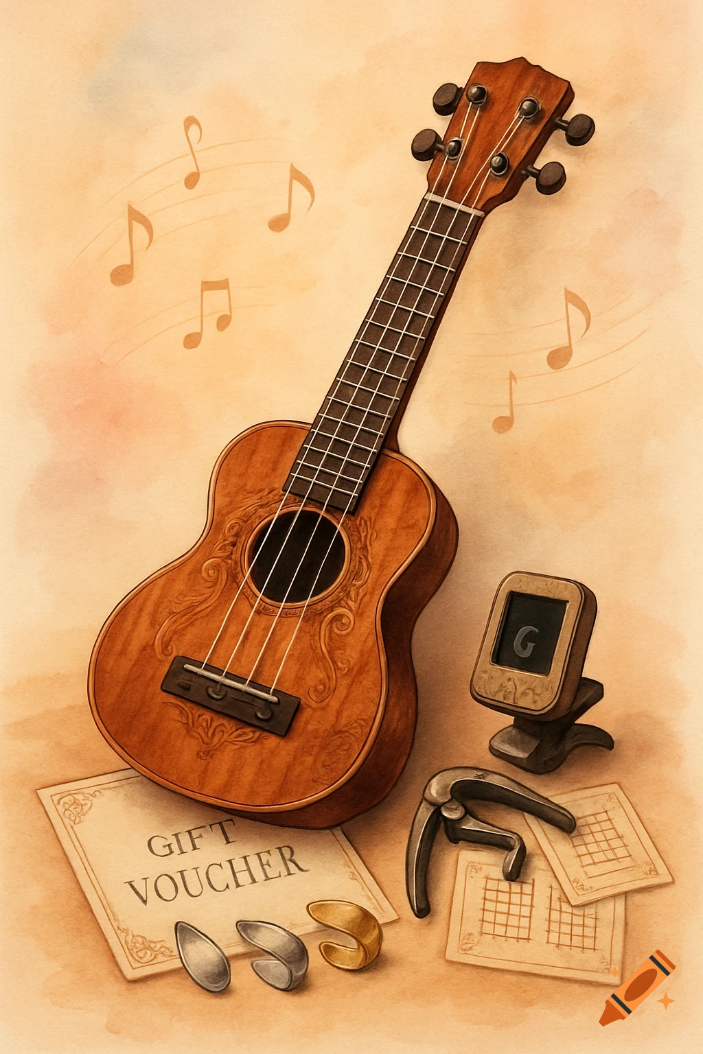 A watercolor illustration of a wooden ukulele with ornate carvings, a tuner, capo, fingerpicks, music sheets, and a 'Gift Voucher' on a light background with musical notes.