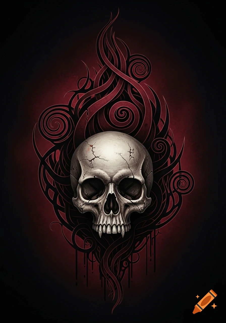 Cracked, fanged skull with dark eyes against swirling red and black tribal patterns in a gothic style.