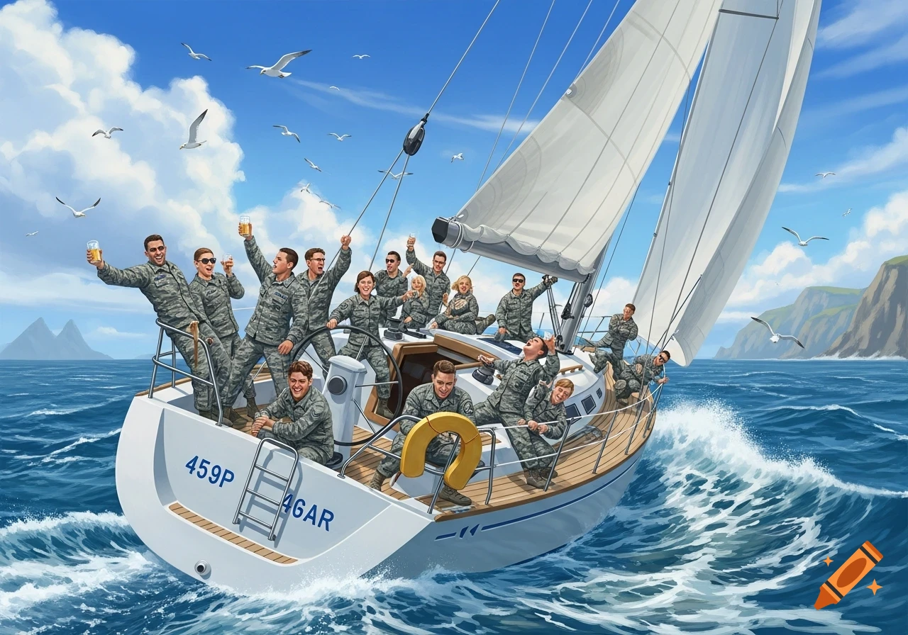 An illustration of numerous people in Air Force camouflage uniforms cheering on a sailboat on the open sea, with seagulls and cliffs.