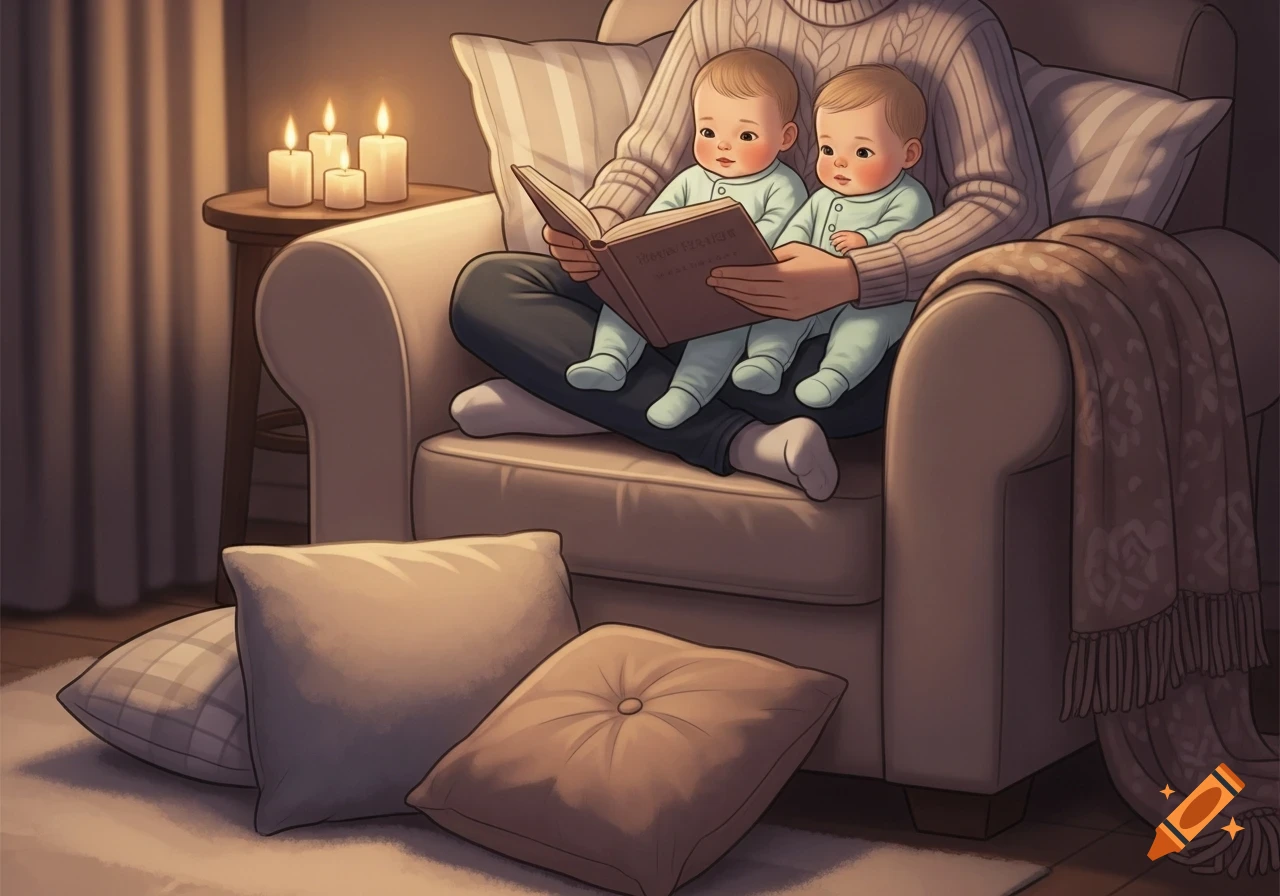 An illustration of a parent reading a book to two babies on their lap in a cozy armchair by candlelight.