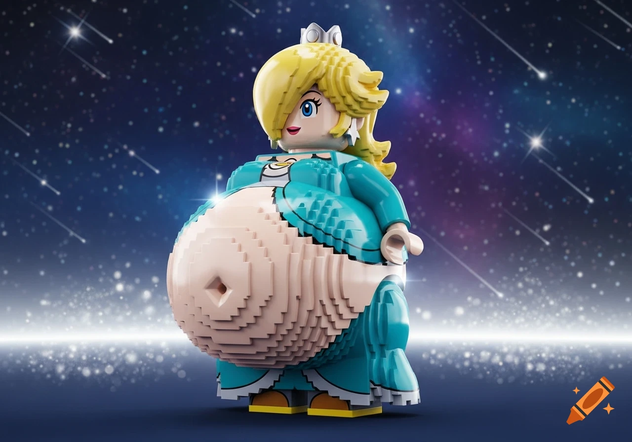 A Lego Rosalina minifigure with a large, inflated belly stands against a starry night sky.