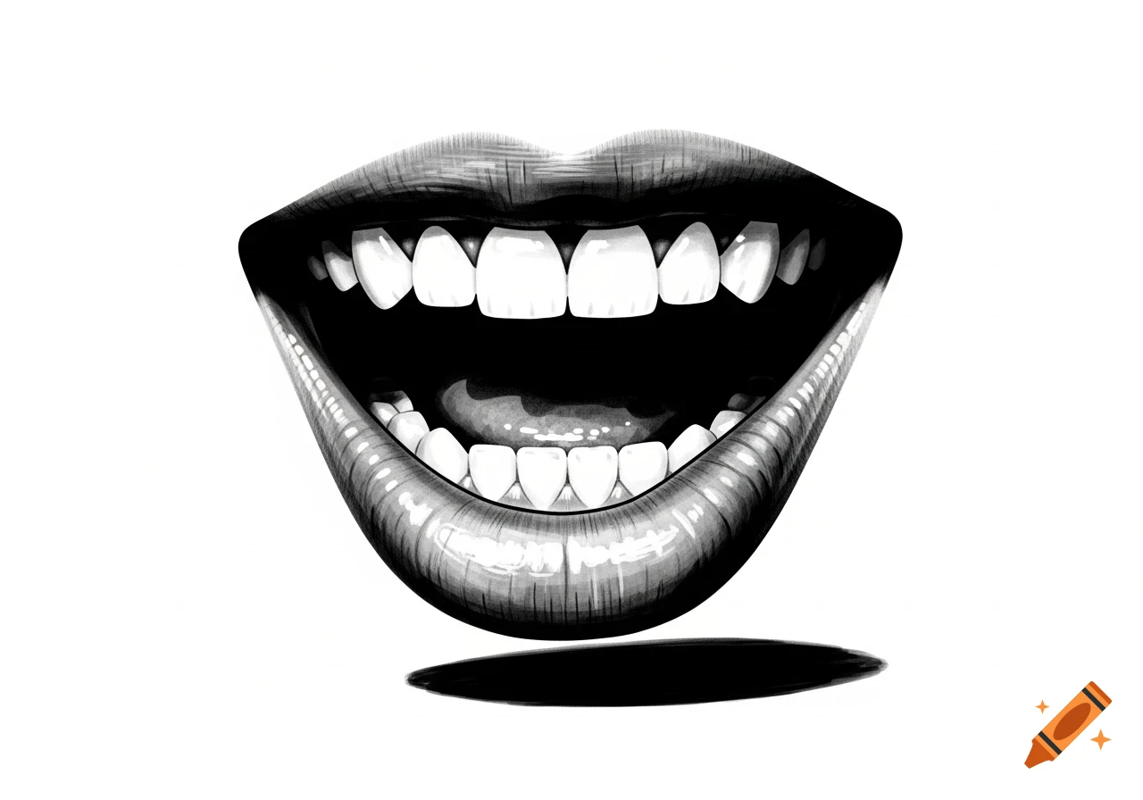 Black and white, high-contrast illustration of a wide-open human mouth showing teeth, with a dark shadow underneath.