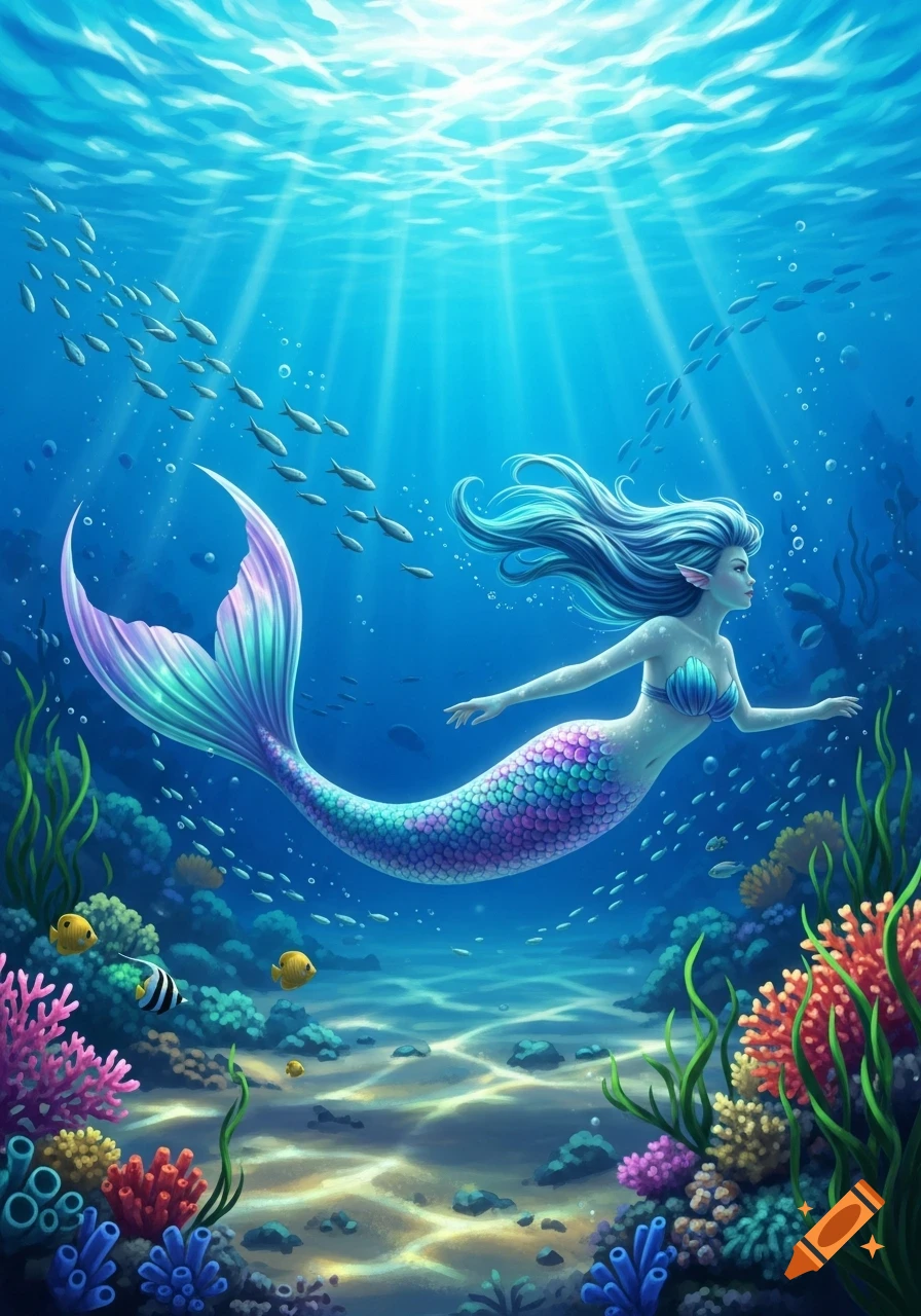 An illustrated mermaid with blue hair and iridescent tail swims through colorful coral reefs with fish and sunbeams from the surface.