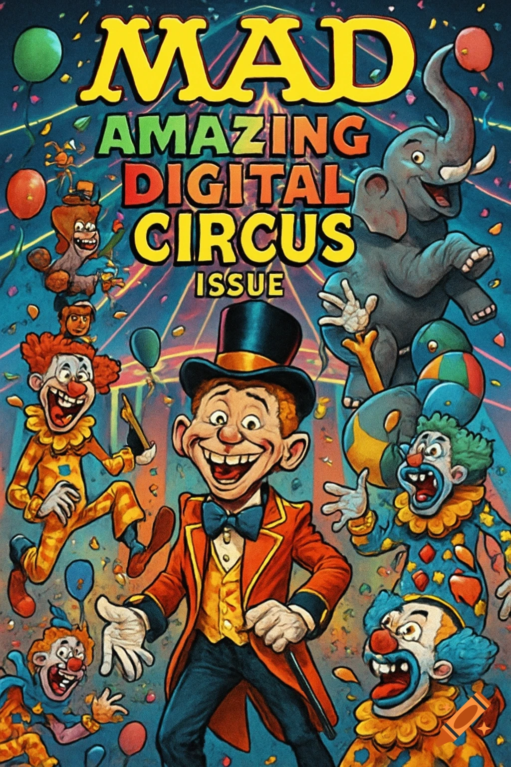 A vibrant, cartoon-style Mad Magazine cover for 'Amazing Digital Circus Issue,' featuring a grinning ringmaster, clowns, and an elephant.