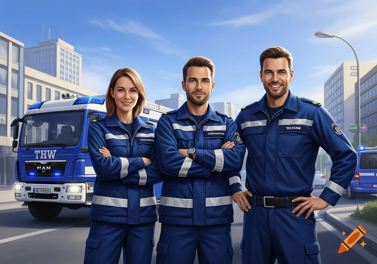 Three uniformed first responders, two men and one woman, stand smiling in front of a blue rescue truck on a city street.