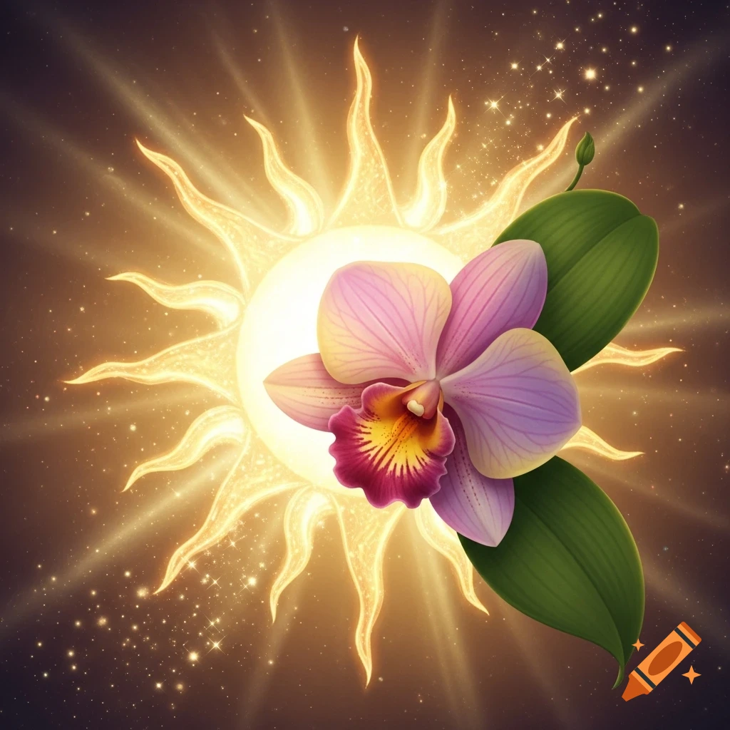 A stylized purple and yellow orchid with green leaves in front of a radiant, golden sun with glowing rays and sparkles.