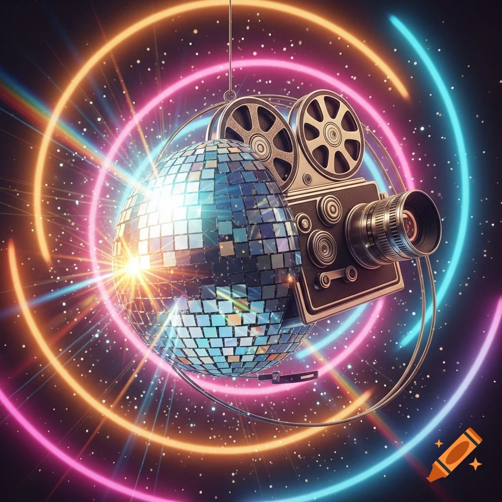 A vibrant disco ball and a vintage film camera glow amidst neon rings and sparkling stars on a dark background.