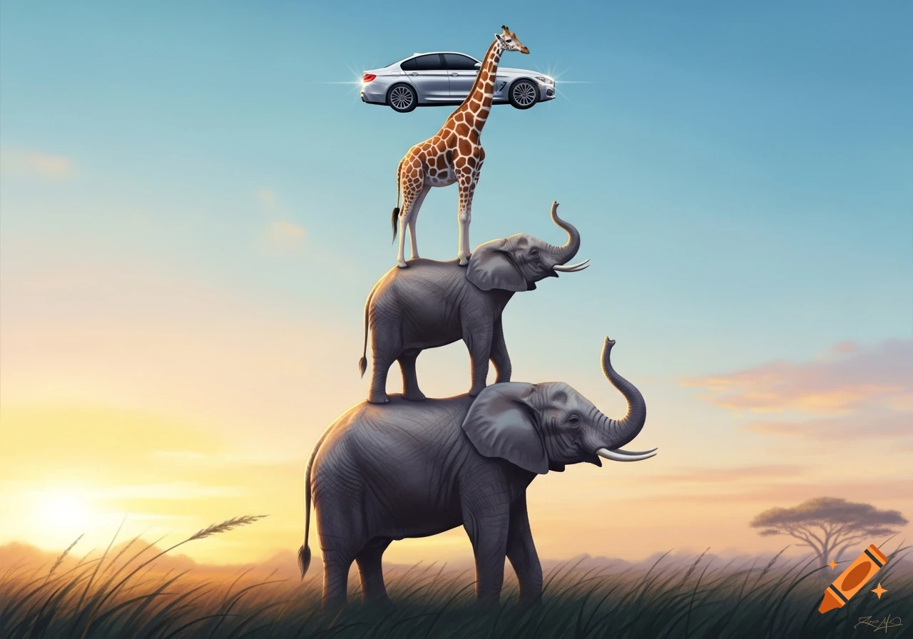 Two elephants stacked, with a giraffe standing on the top elephant, and a silver car floating above the giraffe in a savanna sunset, digital art.