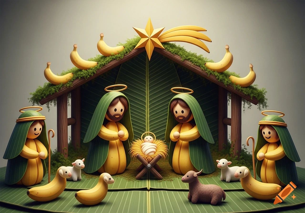 A stylized nativity scene depicting Mary, Joseph, baby Jesus, shepherds, and animals, all crafted from bananas.