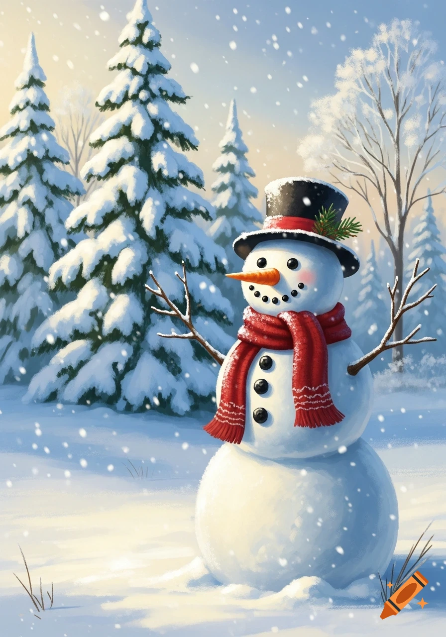 A friendly snowman with a carrot nose, coal eyes, and a red scarf and top hat stands in a snowy forest with falling snow.