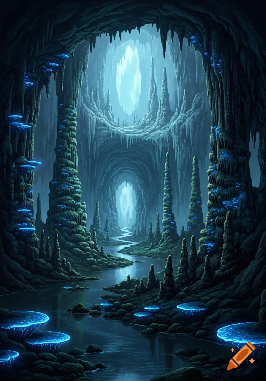 A dark, fantastical cave with towering stalagmites and stalactites. A winding river flows through, illuminated by glowing blue mushrooms and a bright light in the distance.