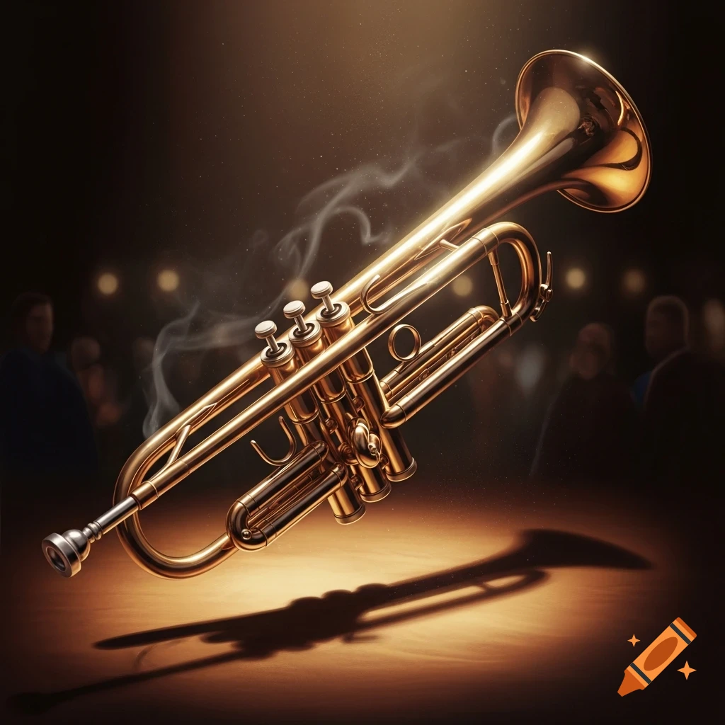 A gleaming golden trumpet, slightly angled, illuminated by a spotlight with wisps of smoke, against a dark, blurred background of an audience.