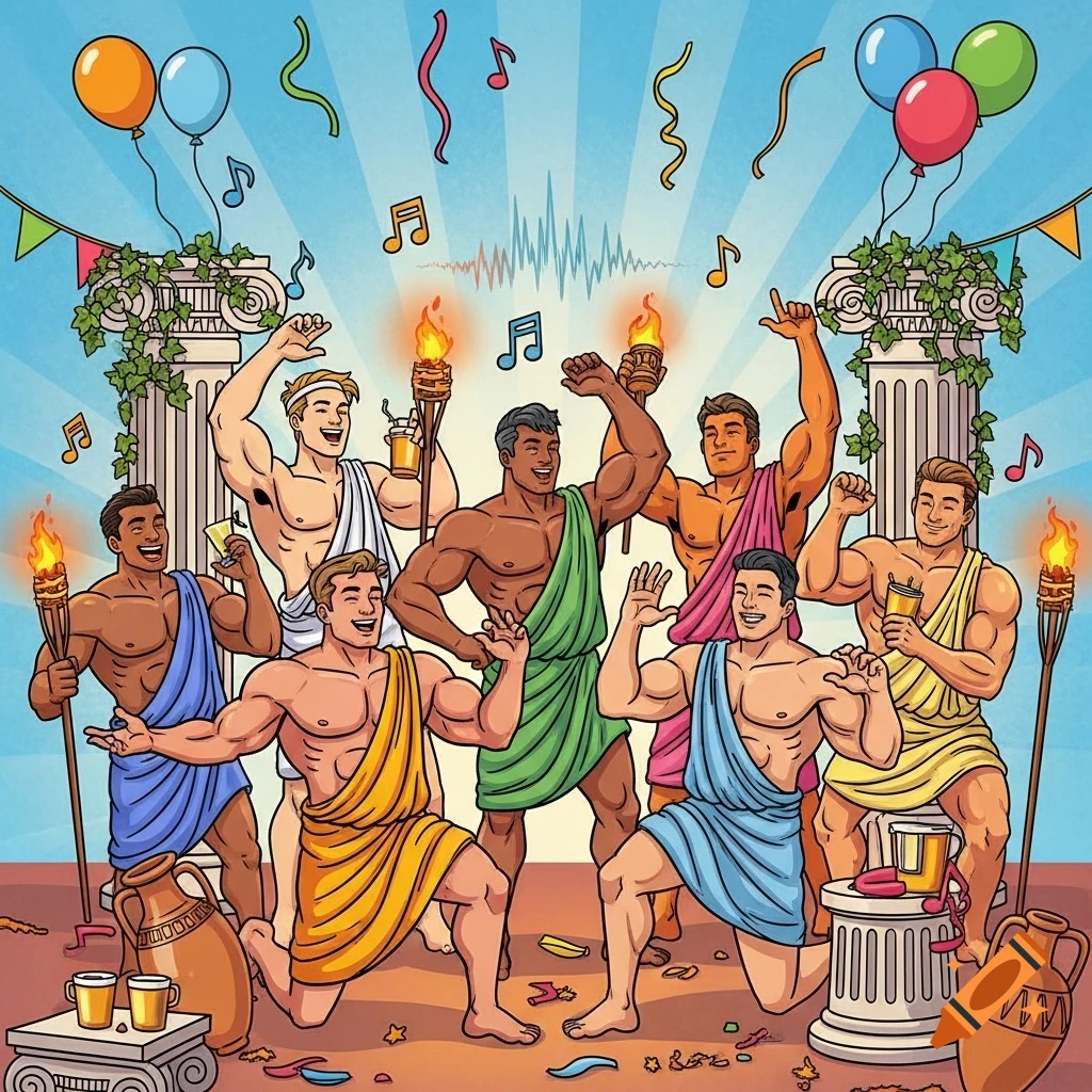 Cartoon of buff men in colorful togas celebrating at a lively party with balloons, torches, and music notes under a blue sky.