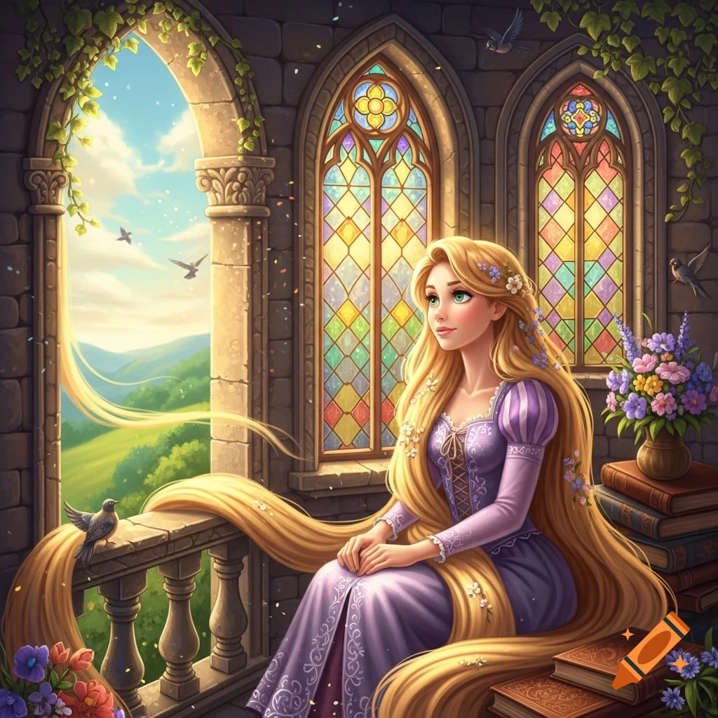 Fantasy illustration of Rapunzel with long golden hair, sitting on a stone balcony, gazing at a sunlit landscape from her tower.