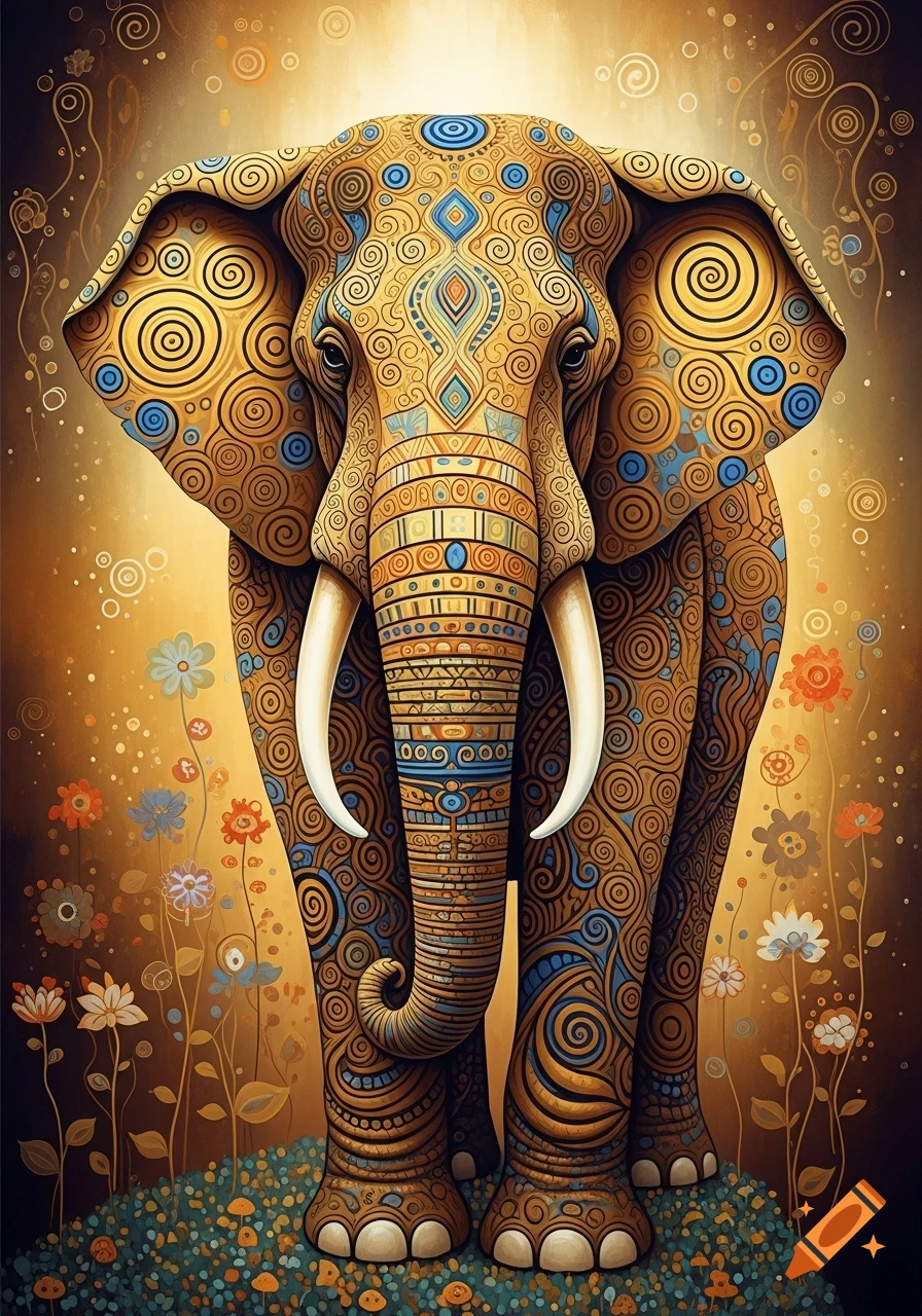 An intricately patterned elephant in golden, blue, and brown hues, standing among colorful stylized flowers in a Gustav Klimt style.