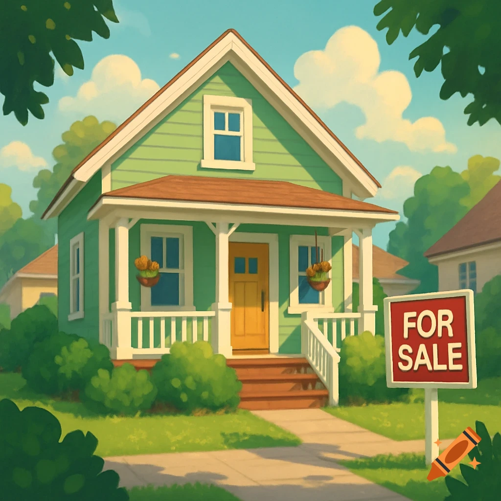 A charming cartoon green house with a yellow door, white porch, and a red 'FOR SALE' sign in the front yard under a blue sky.